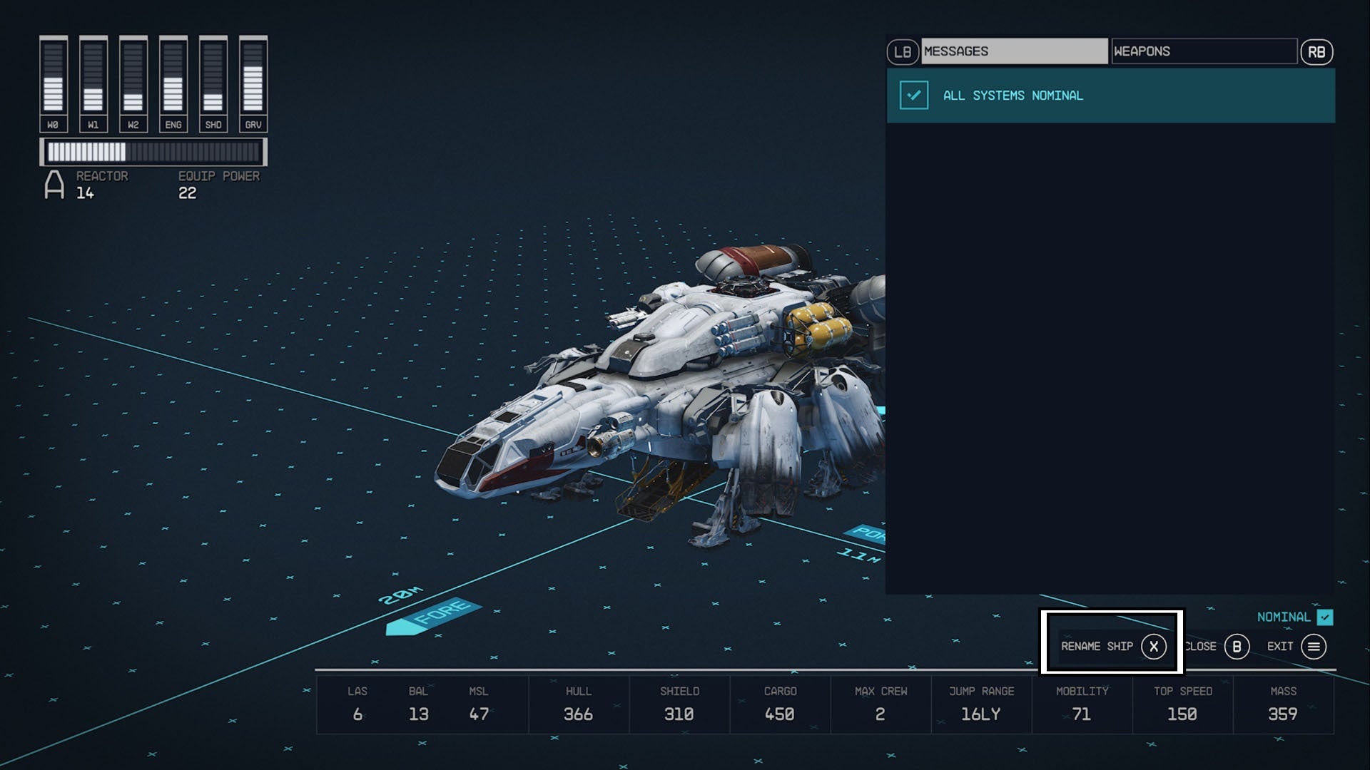 starfield ship builder mode flight check menu rename ship option