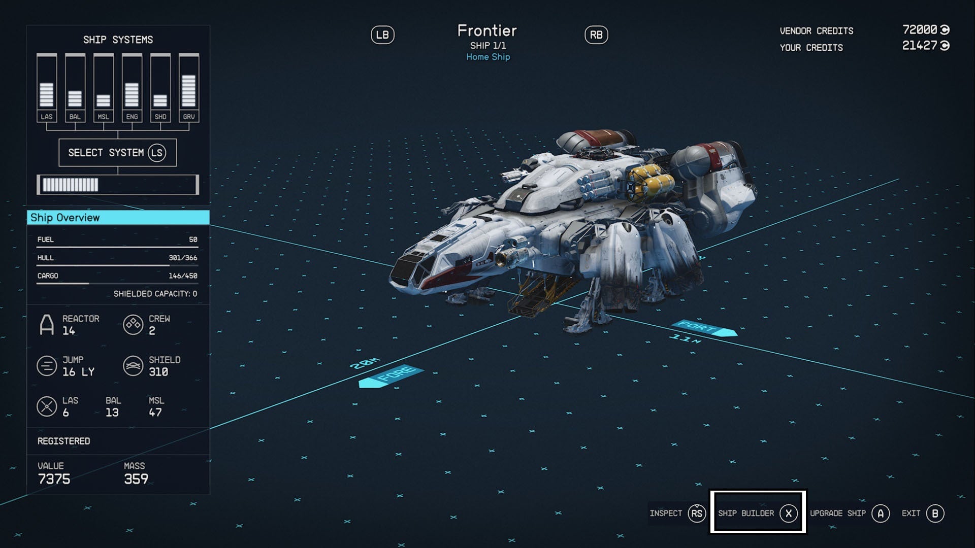 starfield ship overview ship builder mode menu highlighted