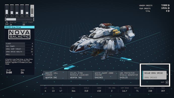 starfield ship overview upgrade ship grav drive option selected