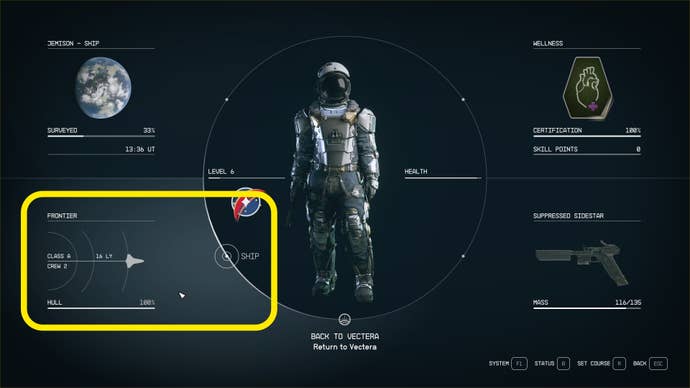 The character menu in Starfield, with a yellow box highlighting the “Ship” section of the menu.