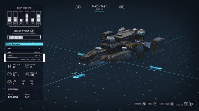 starfield ship shielded cargo capacity highlighted ship overview screen