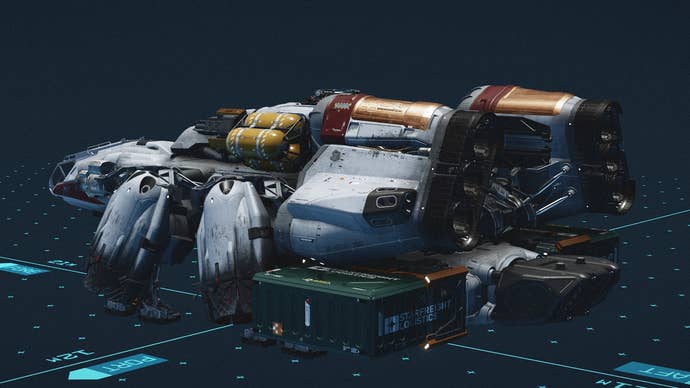 Starfield ship storage: A chunky, Y-shaped spaceship is depicted with three boxy storage modules attached at the rear end.