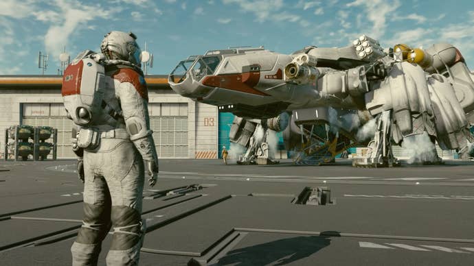 An explorer looks on at their ship in Starfield.