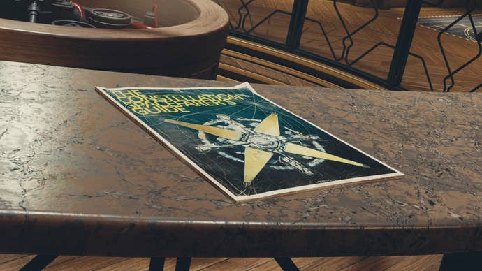 A Skill Book lies on a bannister in The Lodge, in Starfield.