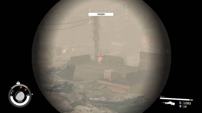 The player in Starfield scopes in with a Sniper Rifle and aims at an enemy’s head.