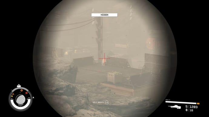 The player in Starfield scopes in with a Sniper Rifle and aims at an enemy’s head.