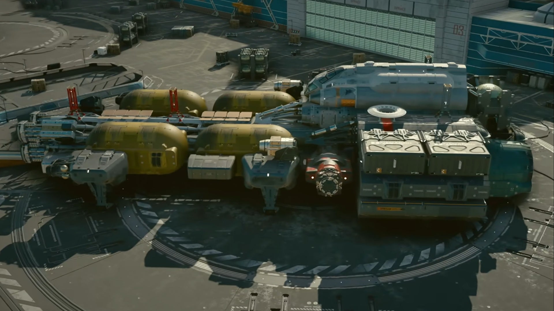 starfield space freighter cargo ship on landing pad