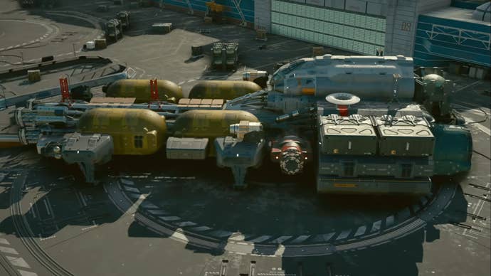 starfield space freighter cargo ship on landing pad