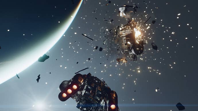 Destroying a spaceship in combat in a Starfield screenshot.