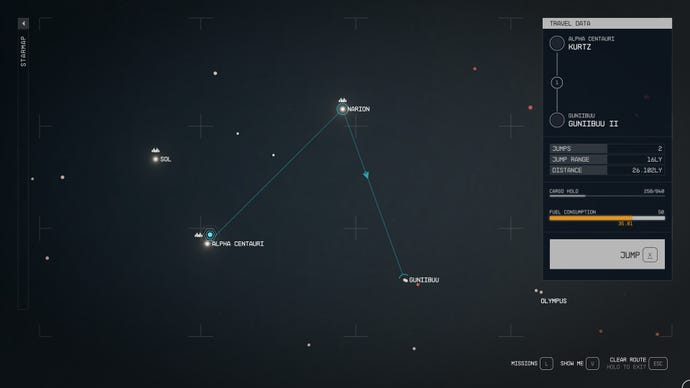 A screenshot of the starmap in Starfield, with the player plotting a fast travel grav jump from Alpha Centauri to Guniibuu.