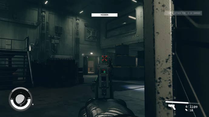 The player in Starfield headshot kills an enemy in a dark room with a pistol stealth attack.