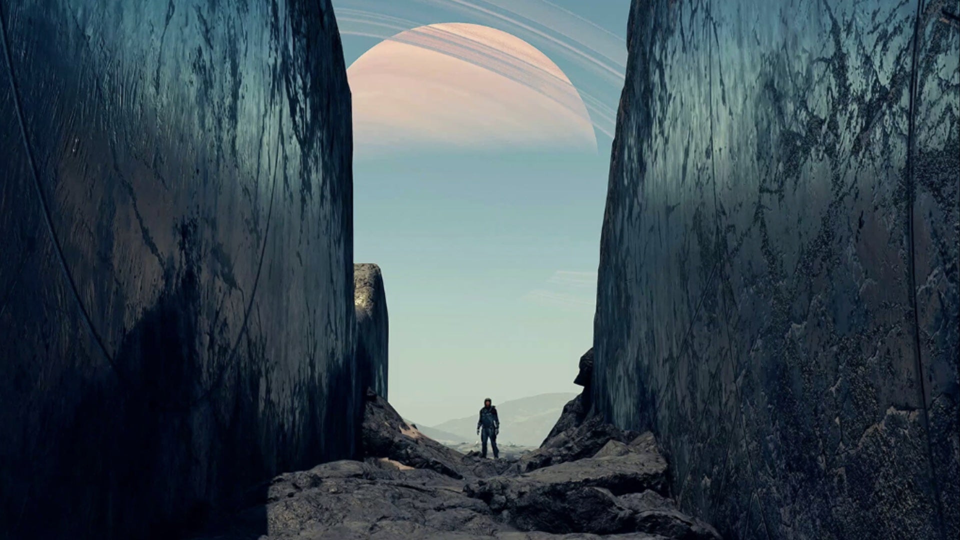 starfield steam promo art character between two canyon walls