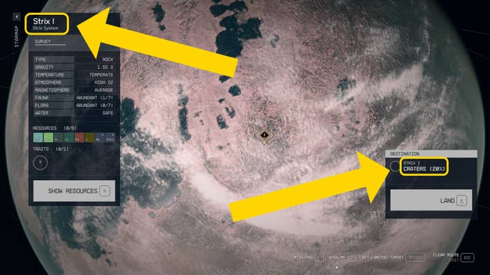 The surface of the planet Strix I in Starfield, with arrows pointing to the UI elements which indicated the planet name and the “Craters” terrain type.