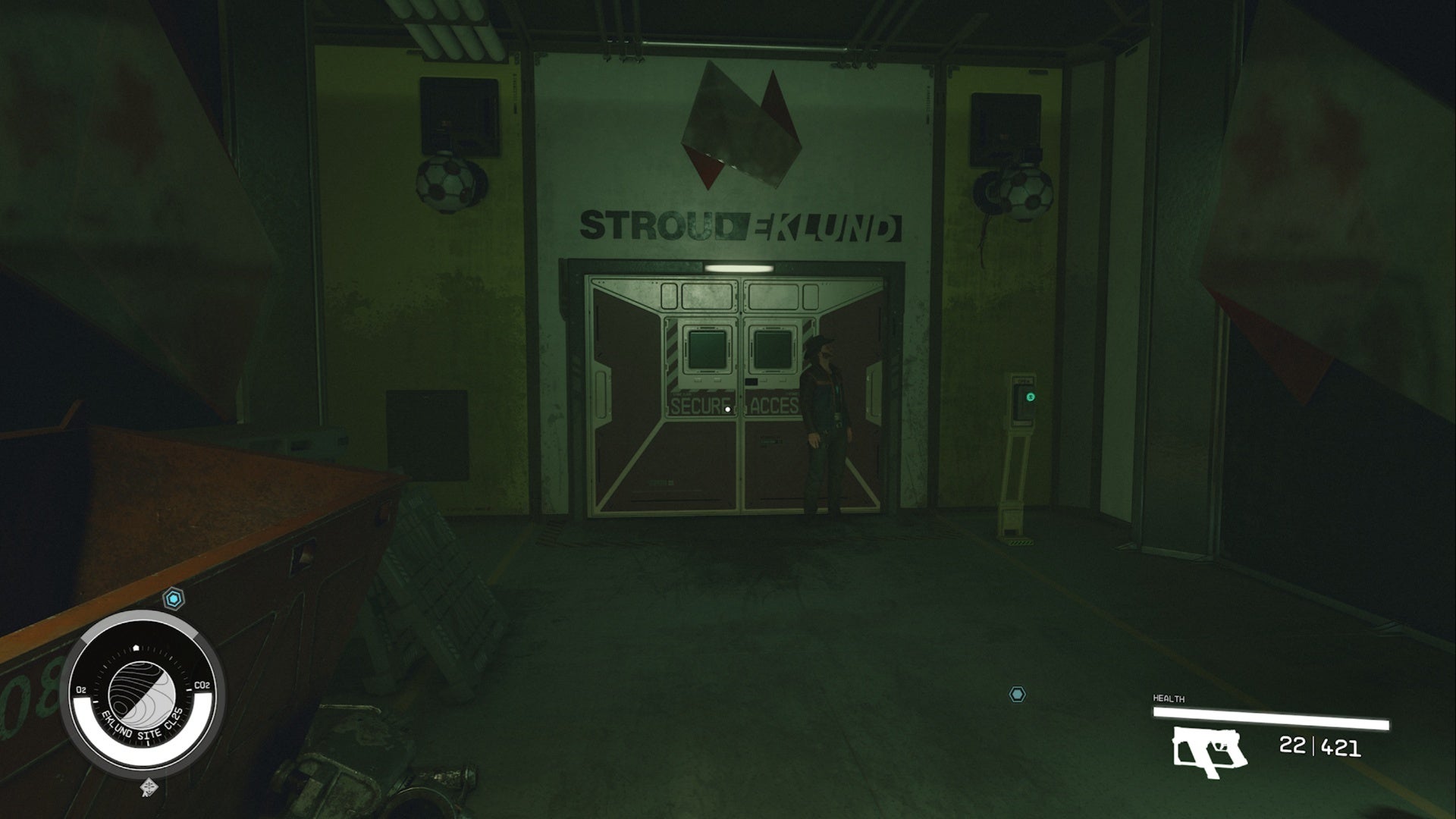 starfield surgical strike asteroid mining facility main entrance, Sam Coe is having a stare off with a security camera.