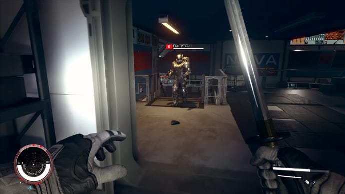 The player in Starfield approaches an enemy Ecliptic mercenary with sword in hand.