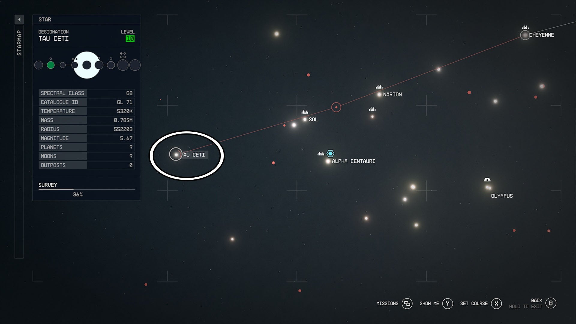 Starfield Tau Ceti system location circled on star map