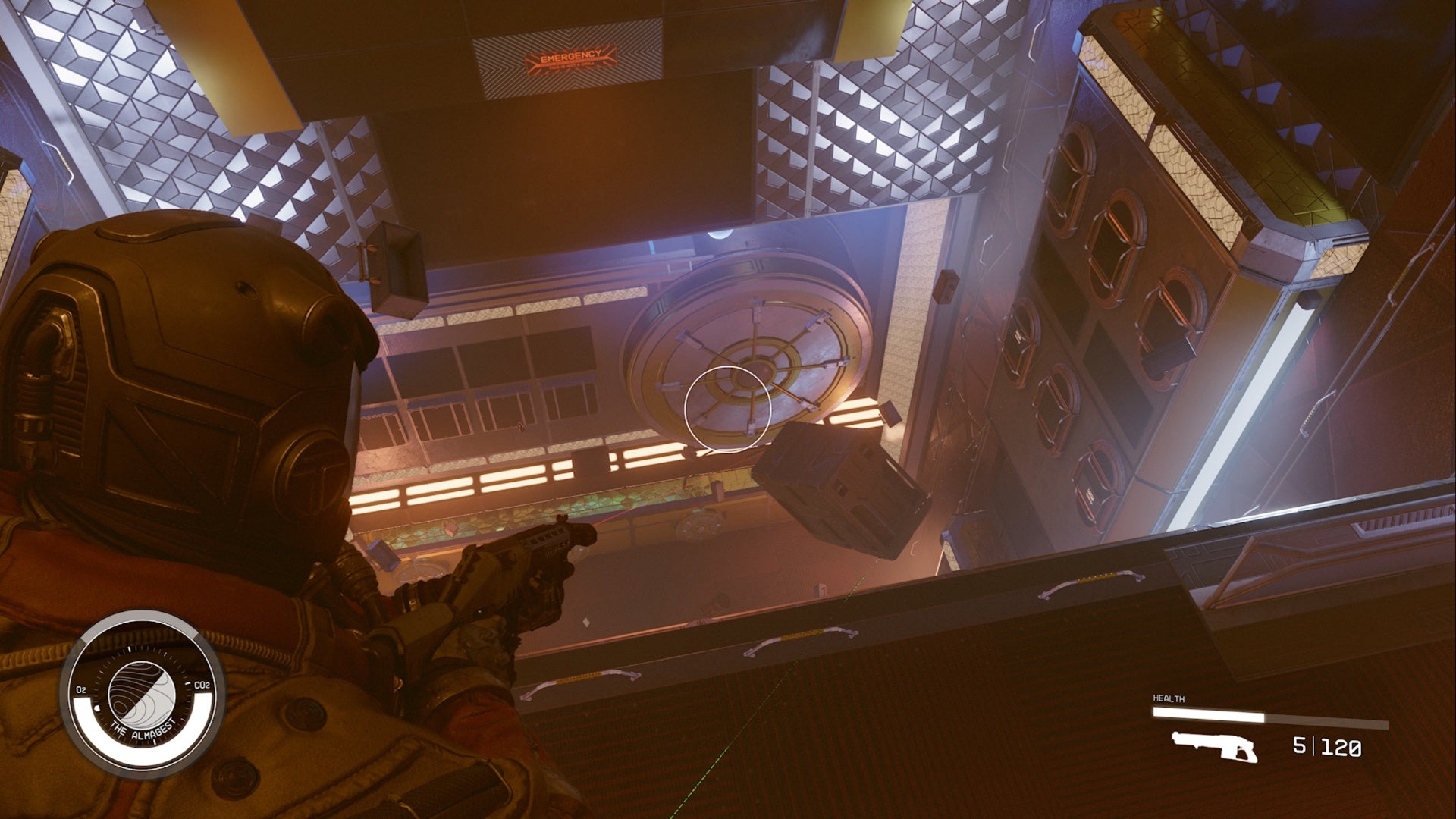 starfield the almagest, player is aiming weapon down at a large jackpot vault door