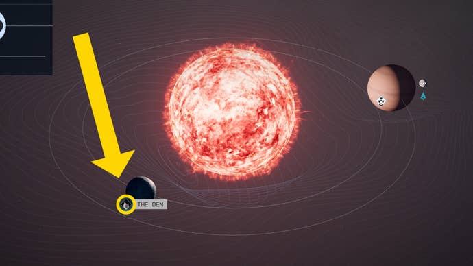 The Wolf System in Starfield, with the location of The Den highlighted.