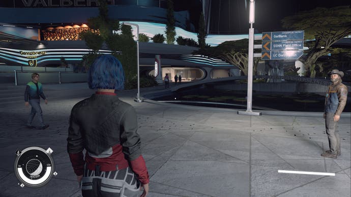 starfield - a third person view of the commercial district train exit, a path leads to the left towards a terrabrew shop.