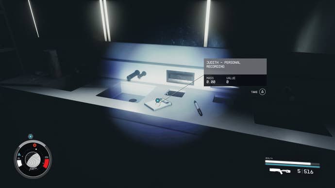 The audio recording titled Judith Personal Recording lays on a desk in Starfield.