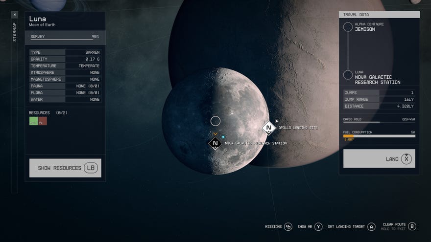 The solar system map shows Luna, Earth's Moon and the Nova Galactic Research Station as a landing spot in Starfield.