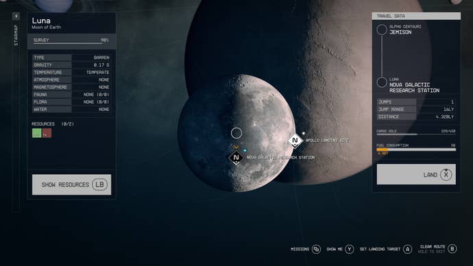 The solar system map shows Luna, Earth’s Moon and the Nova Galactic Research Station as a landing spot in Starfield.