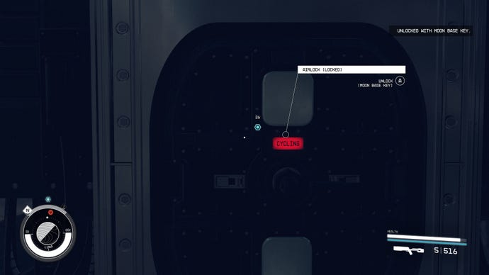 A red airlock door for the Nova Galactic Research Station, which players can unlock with the Moon Base Key in Starfield