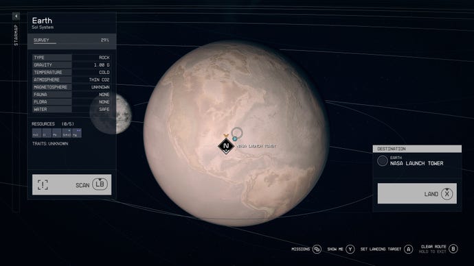 The solar system map shows Earth in the Sol system and the NASA Launch Tower landing spot in Starfield.
