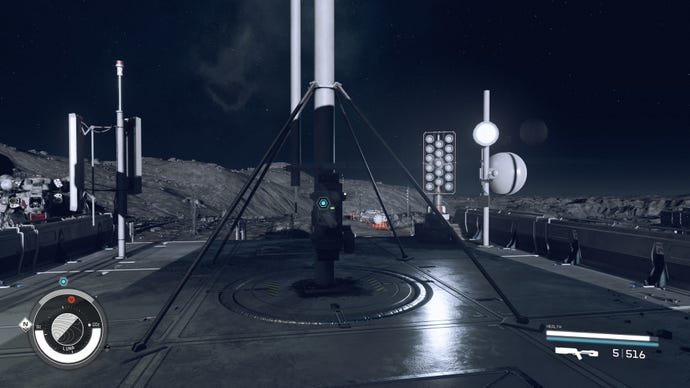 The blue locator shows players where to listen to the recording on the roof of the Nova Galactic Research Station in Starfield.