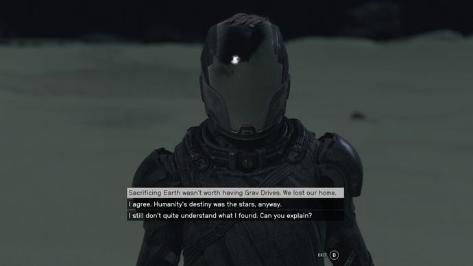 The Emissary engages the player in dialogue outside the NASA Launch Tower in Starfield.