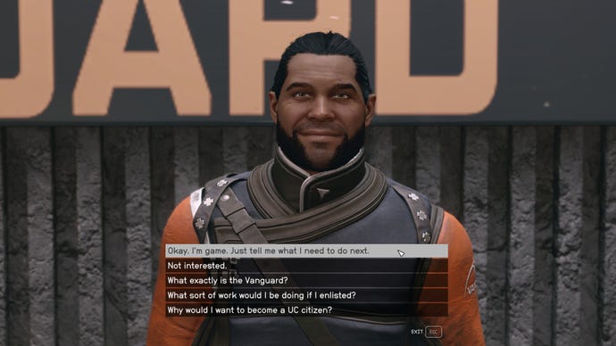 Commander John Tuala speaks to the player in Starfield about joining the United Colonies faction.
