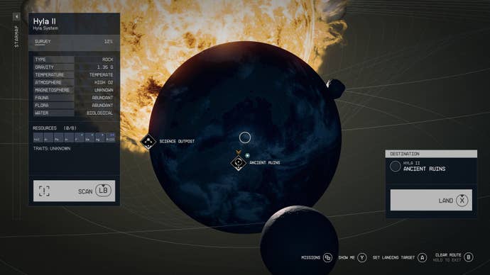 The fast travel location page for accessing Hyla II and the landing place, Ancient Ruins in Starfield.