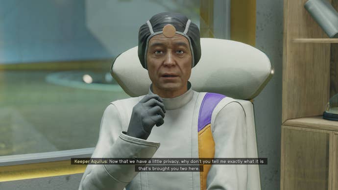 Keeper Aquilus addresses a group including Matteo outside the Sanctum Universum on Jemison in Starfield.