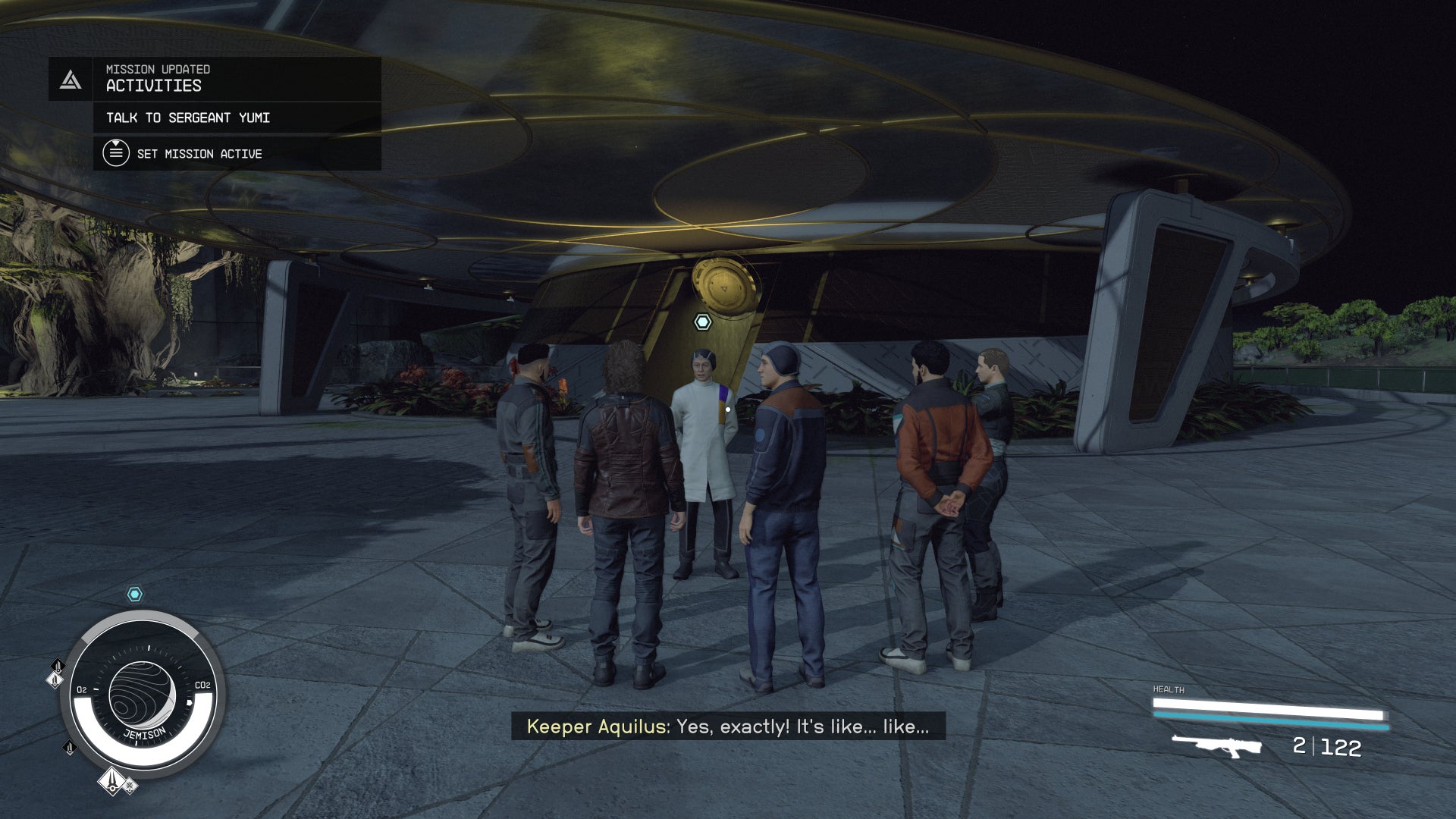 Keeper Aquilus addresses the player at the Sanctum Universum on Jemison in Starfield.