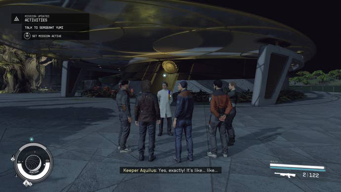 Keeper Aquilus addresses the player at the Sanctum Universum on Jemison in Starfield.