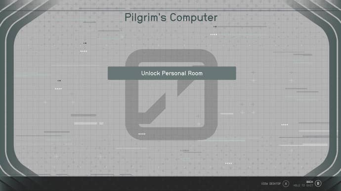 The access screen when the player interacts with the Pilgrim’s Computer prompts the player to select Unlock Personal Room in Starfield.