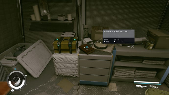 Inside the Pilgrim’s Personal Room, a journal called the Pilgrim’s Final Writings is found on a desk in Starfield.