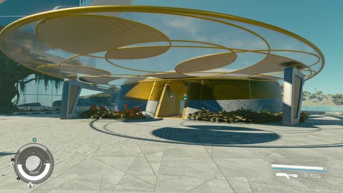 The circular gold building of the Sanctum Universum on Jemison in Starfield.