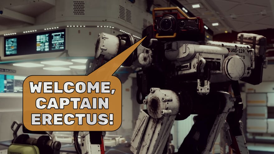 VASCO the robot in Starfield stands inside the player’s ship. A speech bubble next to him says “WELCOME, CAPTAIN ERECTUS!”.