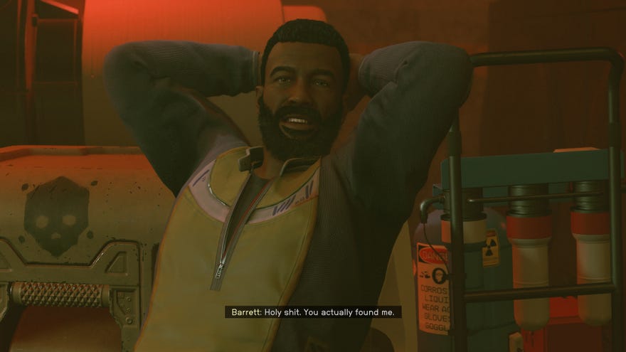 Constellation’s Barrett sits at the Crimson Fleet Outpost in Starfield.