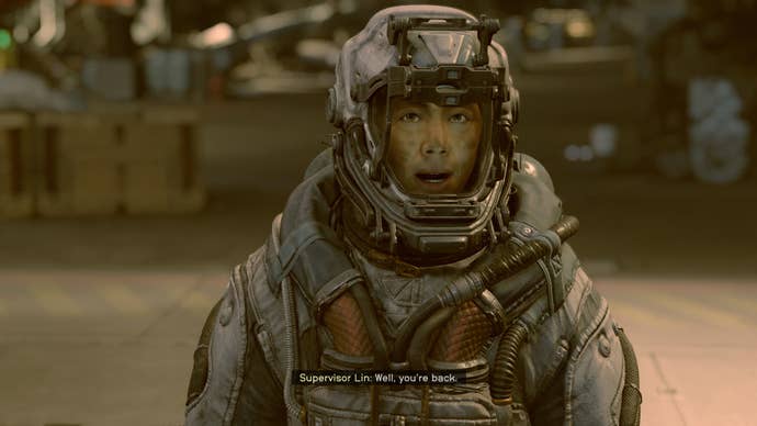 Supervisor Lin welcomes the player back to Vectera in Starfield.