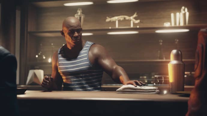 Vlad stands behind a bar and gives the bar table a clean in Starfield.