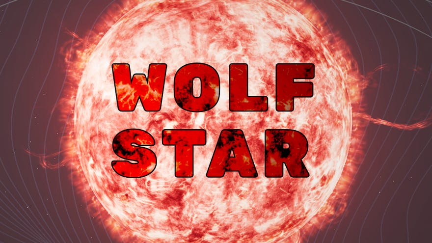 A close-up of the Wolf Star in Starfield, with the words "WOLF STAR" overlaid atop the star.