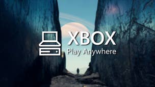 The 'Xbox Play Anywhere' logo in white, with some drop shadow, over a slightly blurred screenshot of an empty wilderness in Starfield.