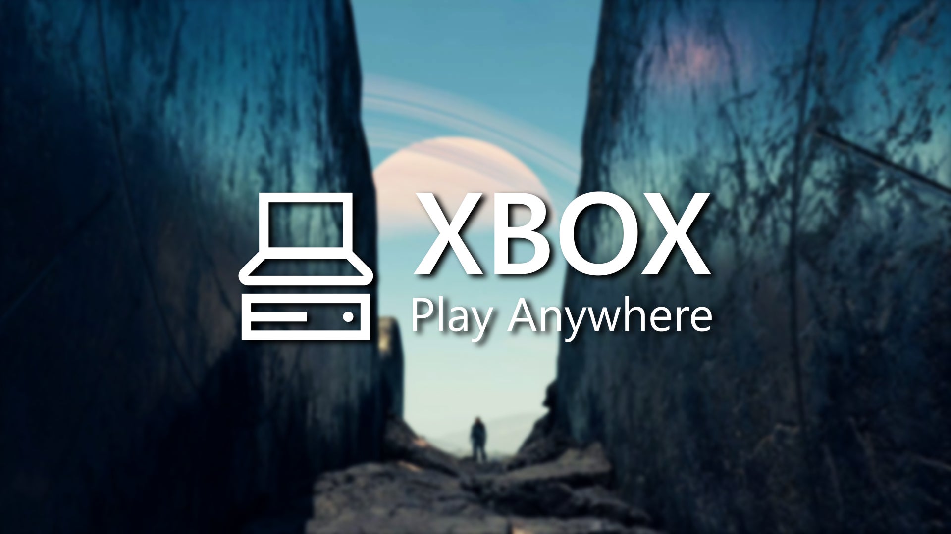 The 'Xbox Play Anywhere' logo in white, with some drop shadow, over a slightly blurred screenshot of an empty wilderness in Starfield. - 1