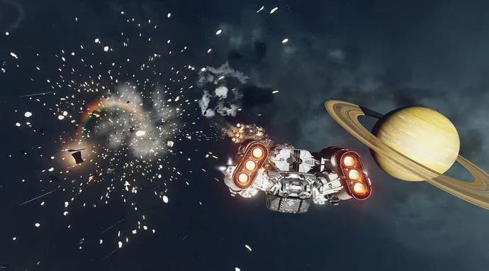 A spaceship cruising through the wreckage of an enemy craft in Bethesda's open world RPG Starfield.