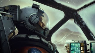 A Starfield screenshot showing a pilot in their spaceship cockpit, mountains visible in the distance through the glass.