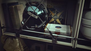 An image of a locker from Starfield. Inside is a colorful box labeled "Property of Constellation," three books (Sailing Alone Around the World, Omega, and The Constellation Spacefarer's Guide), and a space helmet with a cracked visor and tape across the front with "Don't Use" written on it.