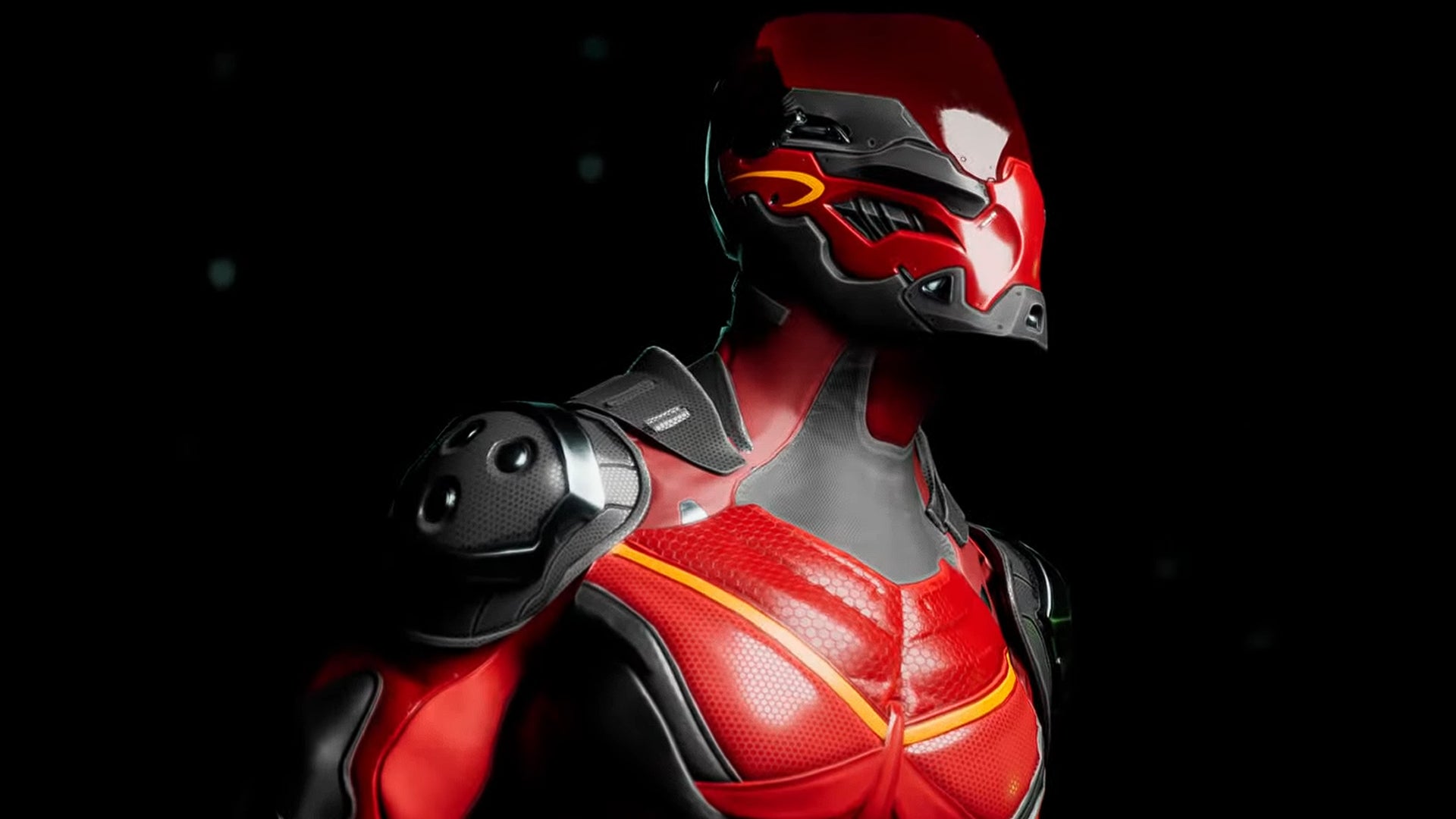 A helmeted figure in a red body suit in the teaser for Starlight Games' untitled futuristic sports game - 1