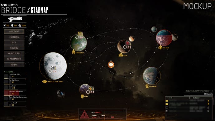 The star map in Menace, showing several planets with faction ownership and a menu on the left